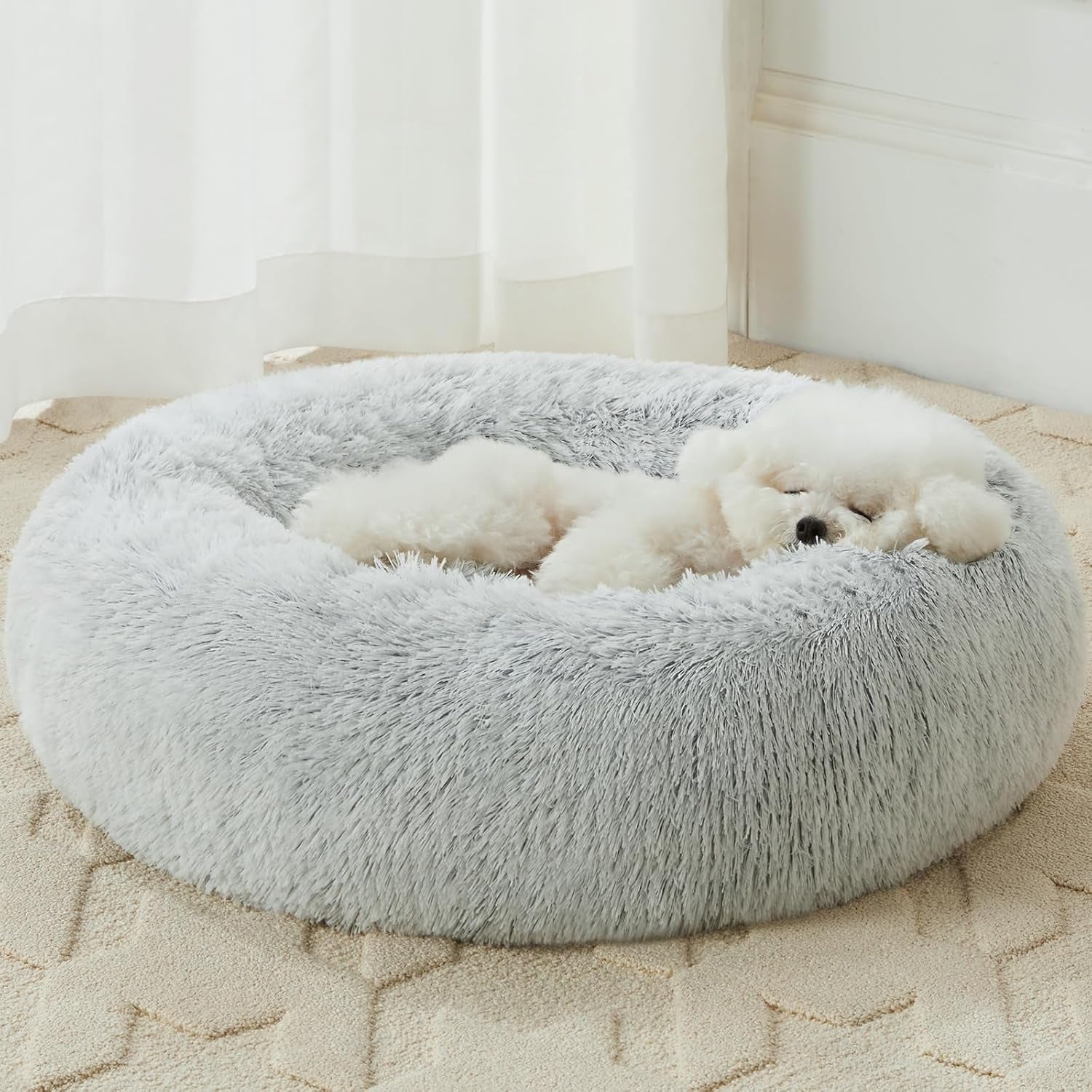 Calming Donut Pet Bed – Plush Faux Fur Anti-Anxiety Bed for Small Dogs & Cats