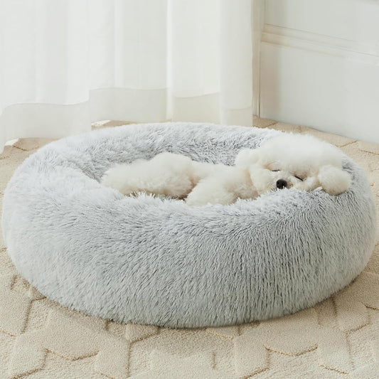 Calming Donut Pet Bed – Plush Faux Fur Anti-Anxiety Bed for Small Dogs & Cats