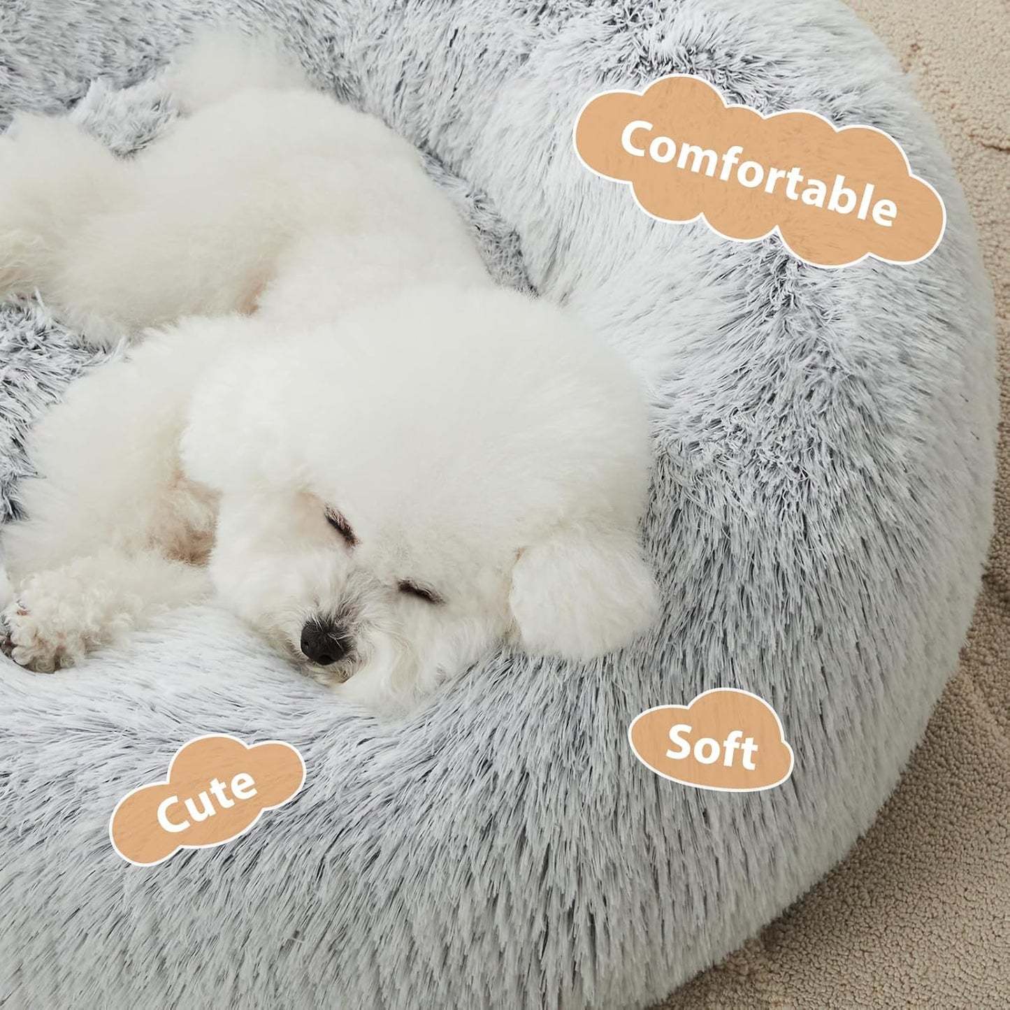 Calming Donut Pet Bed – Plush Faux Fur Anti-Anxiety Bed for Small Dogs & Cats