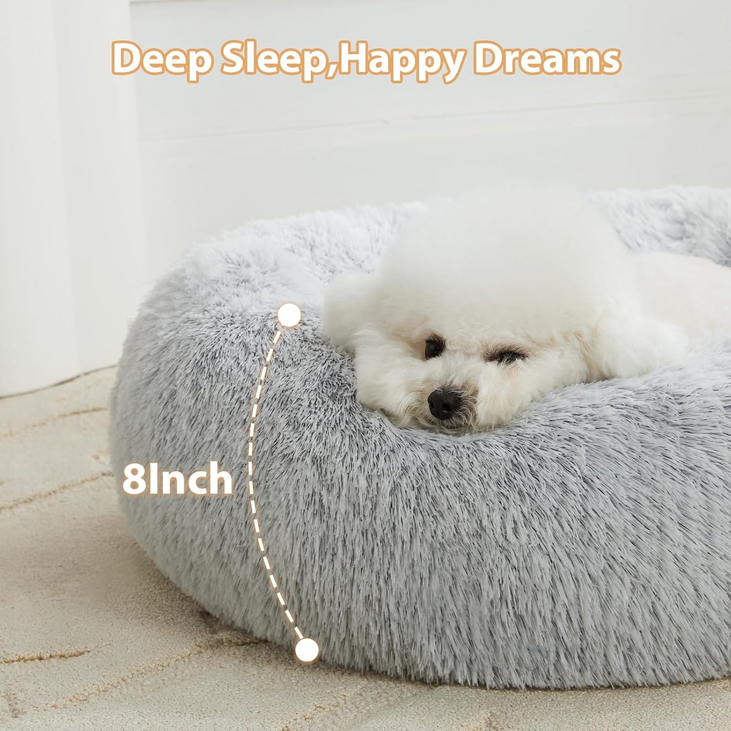 Calming Donut Pet Bed – Plush Faux Fur Anti-Anxiety Bed for Small Dogs & Cats