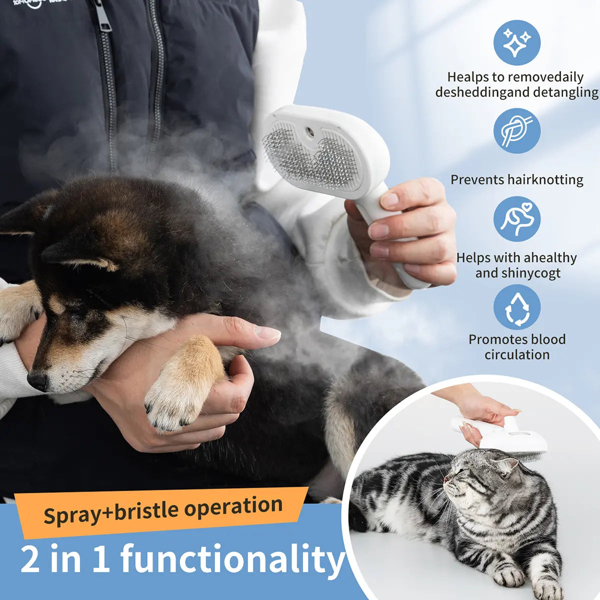 Catpick Pet Spray Grooming Brush – One-Button De-Shedding & Odor Removal Comb
